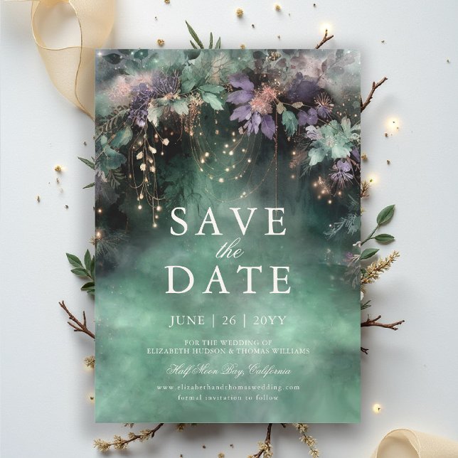 Invitation Mariage de lavande forestière enchantée Enregistre (enchanted forest save the date wedding emerald green gold fairytale fairy garden woodland magic)