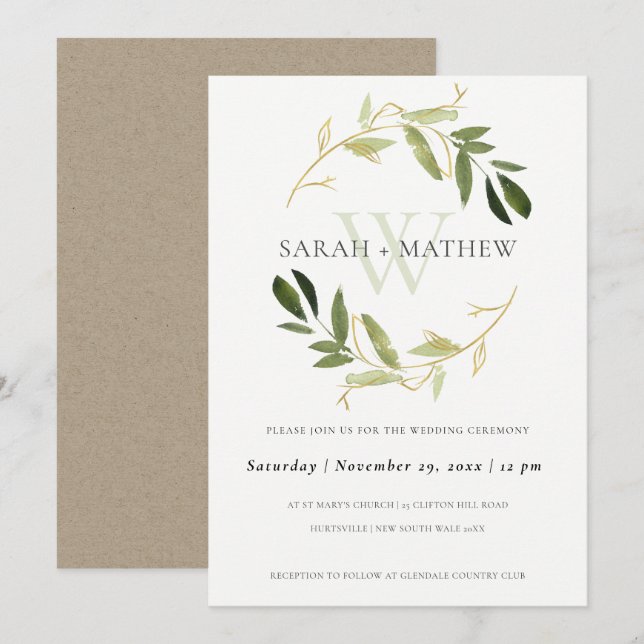 INVITATION MARIAGE DE LAVE DE COULEUR D'EAU EN FOLIAGE VERT O (Devant / Derrière)