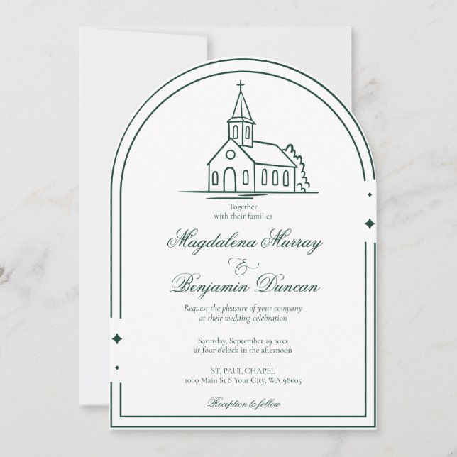 Invitation Mariage de l'église de la chapelle chrétienne vert (Devant)