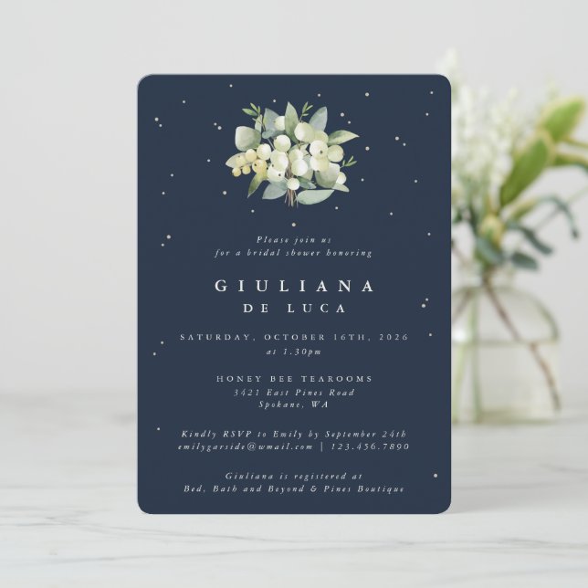 Invitation Mariage de l'hiver Navy Snowberry + Eucalyptus (Debout devant)