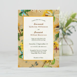 Invitation Mariage de libellules de tournesol jaune vintage