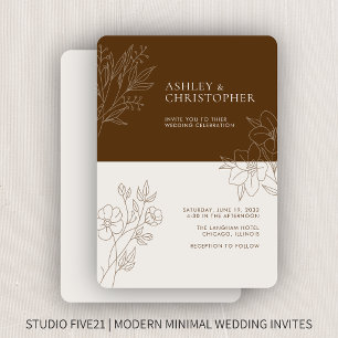 Invitation Mariage de ligne Brown de feuillage minimal en noi