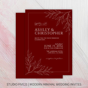 Invitation Mariage de ligne moderne Crimson Red Foliing