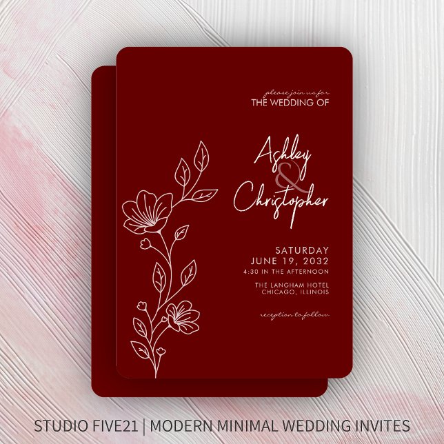 Invitation Mariage de ligne moderne Crimson Red Foliing (Créateur téléchargé)