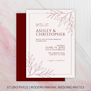 Invitation Mariage de ligne moderne Crimson Red Foliing