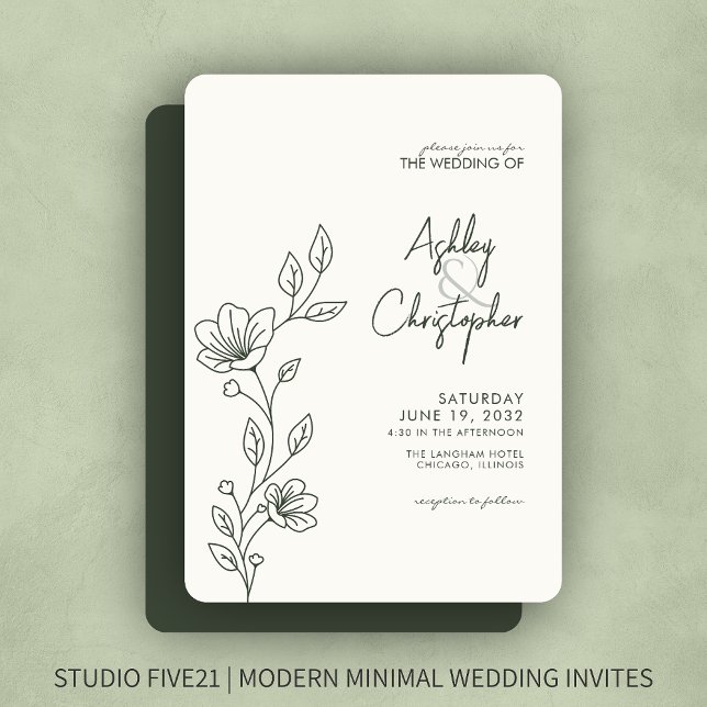 Invitation Mariage de ligne moderne en feuillage vert de mous (Créateur téléchargé)