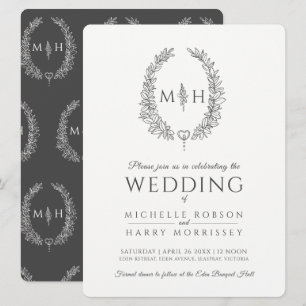 Invitation Mariage de ligne ovale feuille gris foncé et blanc