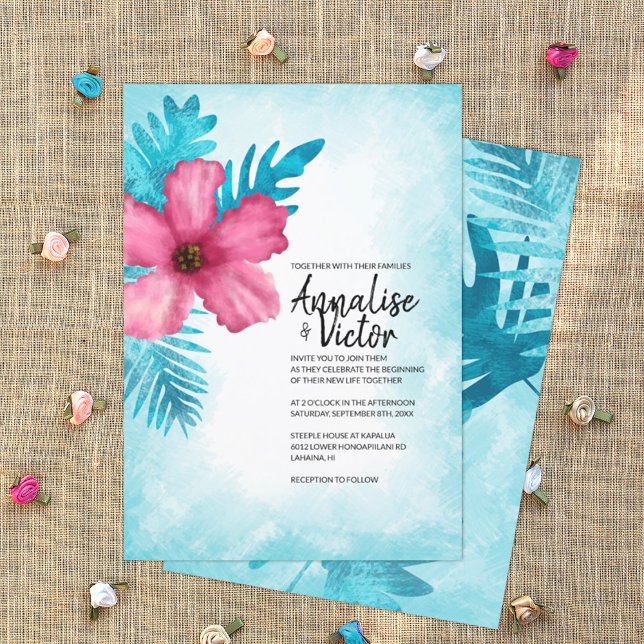 Invitation Mariage de l'île d'Hibiscus rose tropical (turquoise and pink tropical wedding invitation card, pink hibiscus flowers, Hawaiian theme)