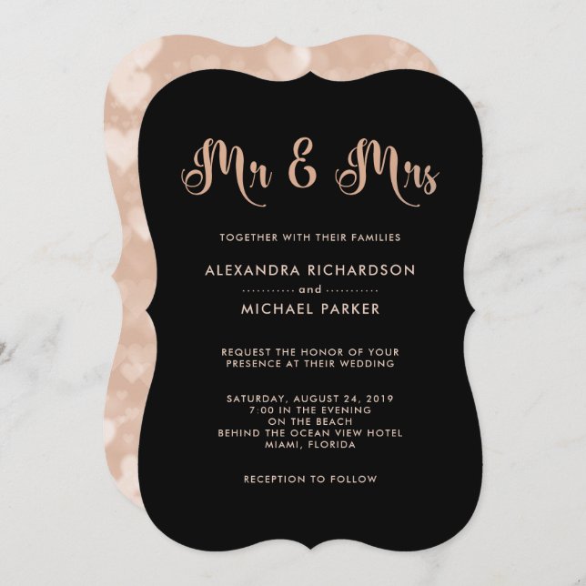 Invitation Mariage de livres rose et noir moderne | M. & Mme (Devant / Derrière)