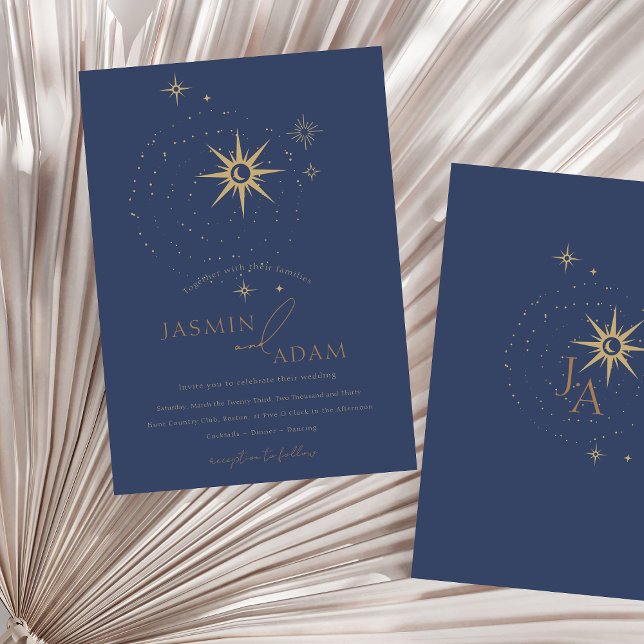 Invitation Mariage de l'or céleste et des étoiles bleues mari (Celestial Gold and Navy Blue Stars Wedding Invitation)
