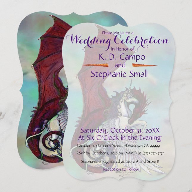 Invitation Mariage de l'Unicorne Dragon Rouge (Devant / Derrière)