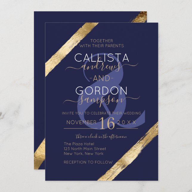Invitation Mariage de luxe Artsy Navy Blue Gold Brushstrokies (Devant / Derrière)