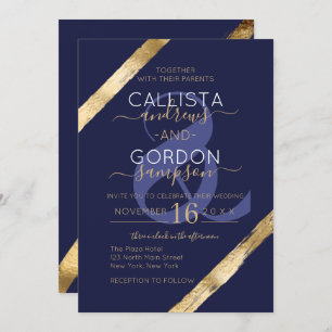 Invitation Mariage de luxe Artsy Navy Blue Gold Brushstrokies