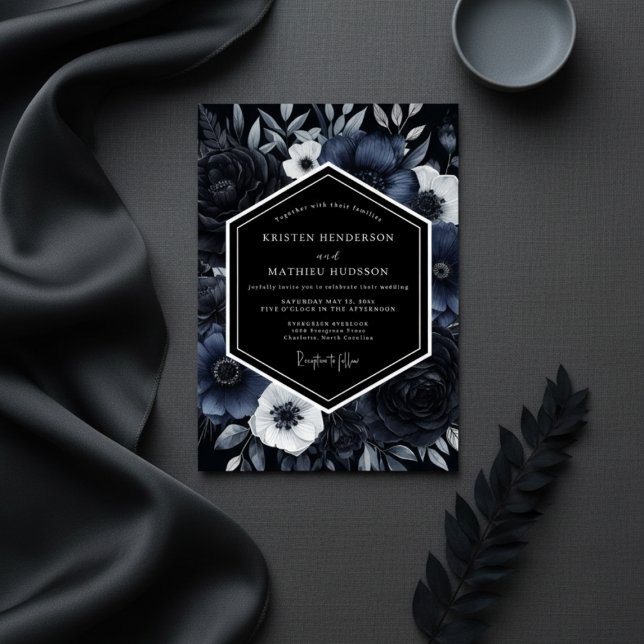 Invitation Mariage de luxe aux fleurs bleues de minuit (Créateur téléchargé)
