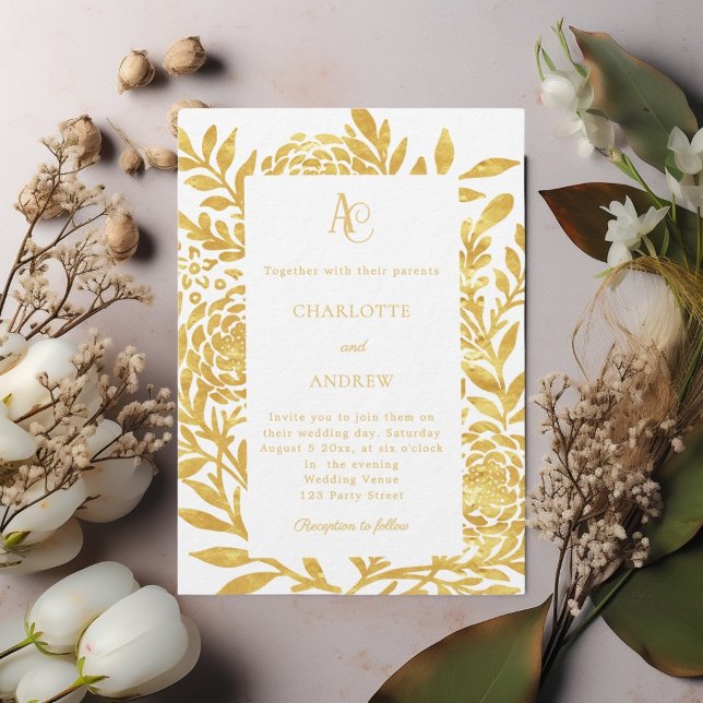 Invitation Mariage de luxe avec monogramme botanique en or bl (Créateur téléchargé)