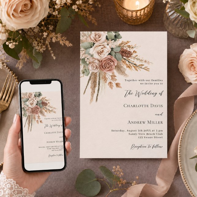 Invitation Mariage de luxe avec roses taupe beige et herbe de (Créateur téléchargé)