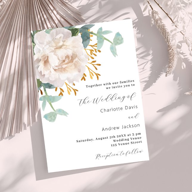 Invitation Mariage de luxe blanc à fleurs eucalyptus (Créateur téléchargé)