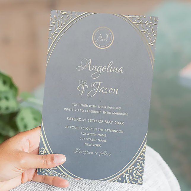 Invitation Mariage de Luxe Bleu Poussiéreux et Or (Créateur téléchargé)