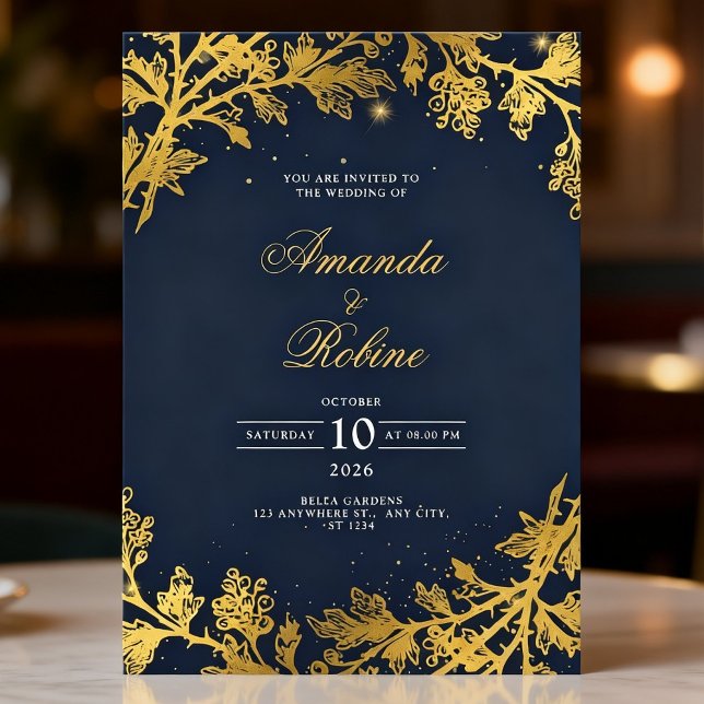 Invitation Mariage de luxe botanique bleu de la Royal Navy (Créateur téléchargé)