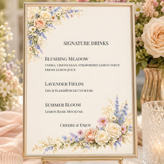 Invitation Mariage de luxe dans une prairie de fleurs sauvage (Part of the luxury wildflower meadow wedding theme collection, signature drinks menu)