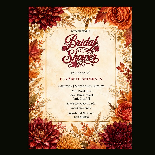 Invitation Mariage de luxe d'automne pour la mariée (Elegant fall bridal shower invitation with burgundy, burnt orange, rust and gold watercolor flowers,)