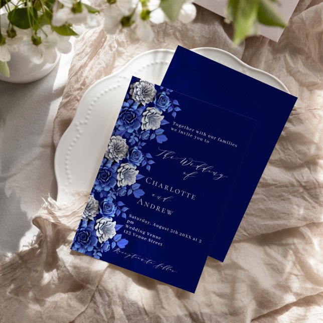 Invitation Mariage de luxe de scénario florale bleu marine (Créateur téléchargé)