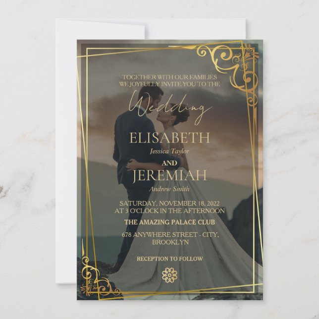 Invitation Mariage de luxe élégant avec superposition or et n (Devant)
