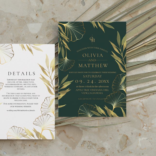 Invitation Mariage de luxe Emerald Green Gold Leaf (Créateur téléchargé)