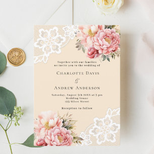 Invitation Mariage de luxe en dentelle rose beige