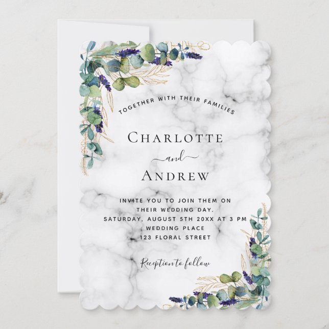 Invitation Mariage de luxe Eucalyptus en marbre vert (Devant)
