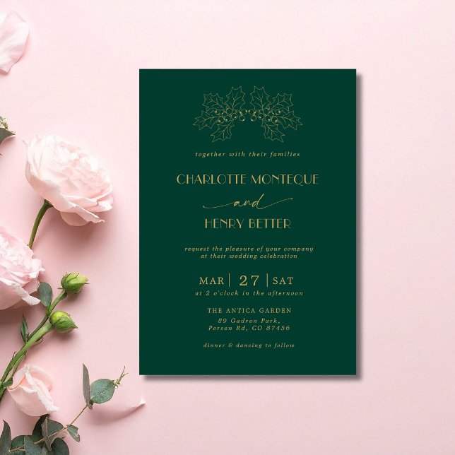 Invitation Mariage de luxe feuilles de houx arbre émeraude et (Créateur téléchargé)