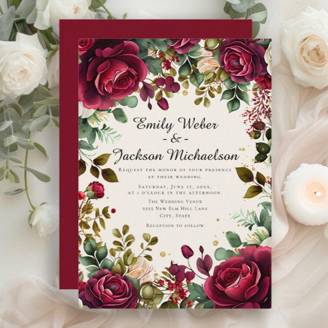 Invitation Mariage de Luxe Floral Bourguignon Romantique (Elegant red burgundy roses and greenery wedding invitation)