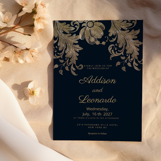 Invitation Mariage de luxe floral en dentelle bleu marine (Navy blue gold lace floral luxury wedding )