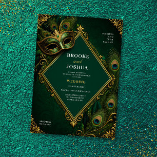 Invitation Mariage de Luxe Mascarade Paon Vert Émeraude