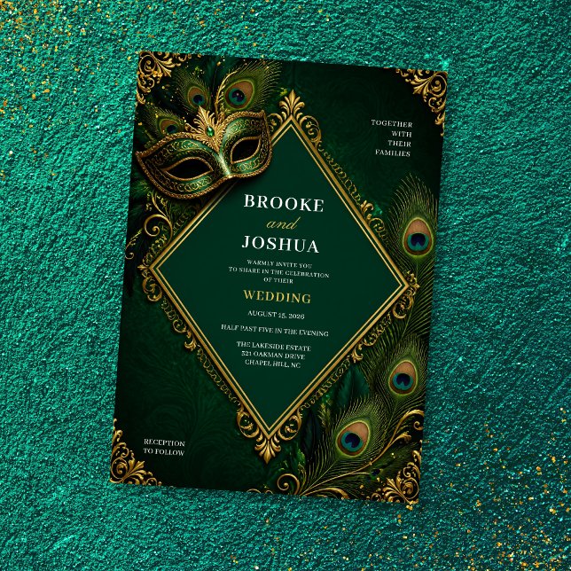 Invitation Mariage de Luxe Mascarade Paon Vert Émeraude (Créateur téléchargé)