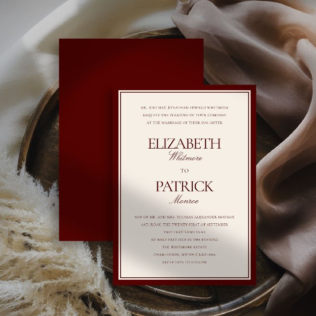 Invitation Mariage de Luxe Moderne Classique Domaine de Bourg (deep burgundy wedding invitation quiet luxury old money double frame formal modern classic parents)