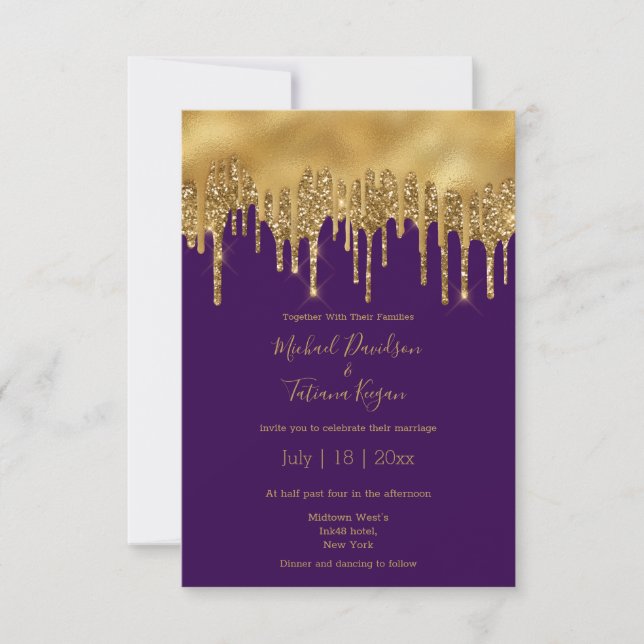 Invitation mariage de luxe moderne parties scintillant or vio (Devant)