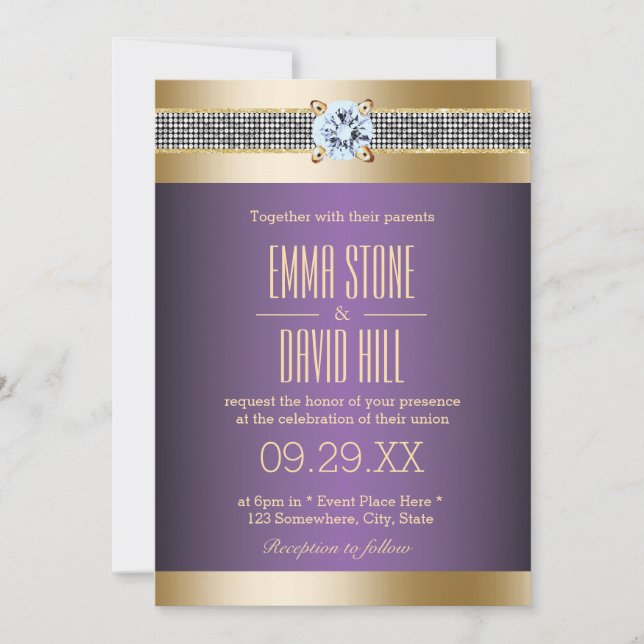Invitation Mariage de luxe moderne Purple Gold Stripes (Devant)