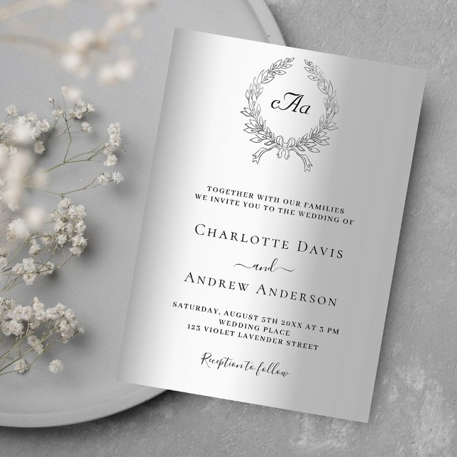 Invitation Mariage de luxe monogramme de couronne d'argent (Créateur téléchargé)