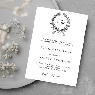 Invitation Mariage de luxe monogramme de couronne noire blanc