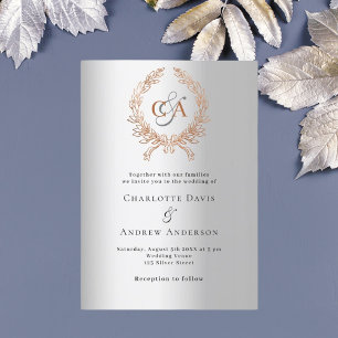 Invitation Mariage de luxe monogramme rose en or argent