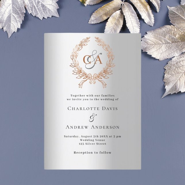 Invitation Mariage de luxe monogramme rose en or argent (Créateur téléchargé)