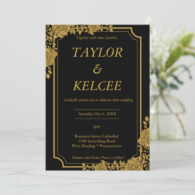 Invitation Mariage de luxe noir et or sur mesure (Debout devant)