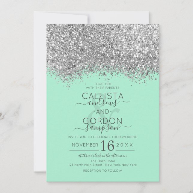 Invitation Mariage de luxe Silver Neo Mint Parties scintillan (Devant)