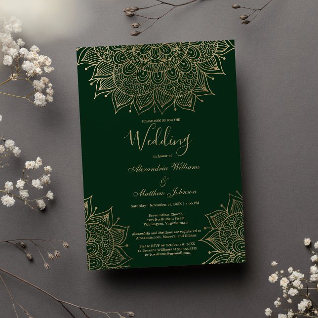 Invitation Mariage de mandala à fleurs vert de forêt (Stylish forest green gold floral mandala Wedding)