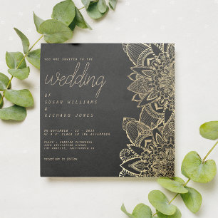 Invitation Mariage de mandala floral en or noir de luxe