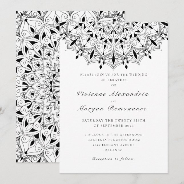 Invitation mariage de mandala noir blanc dentelle (Devant / Derrière)
