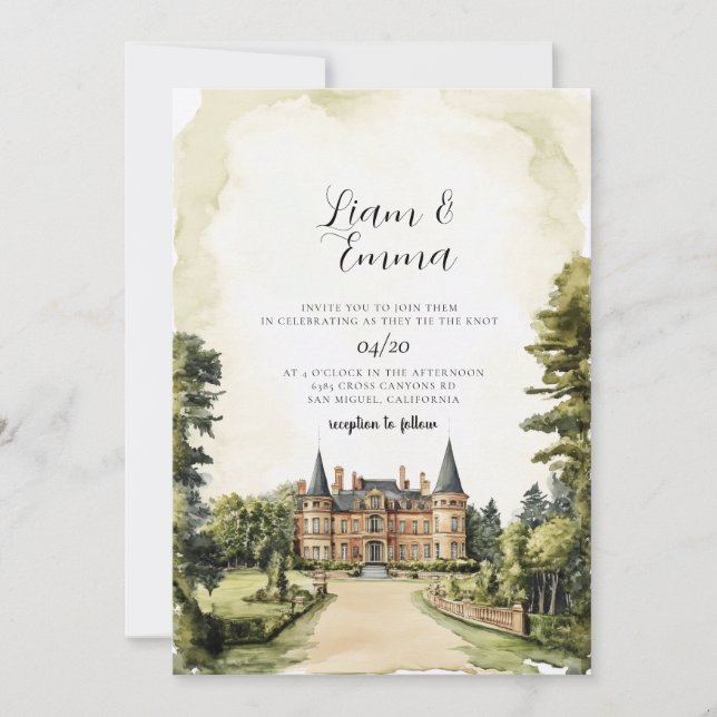Invitation Mariage de manoir anglais à l'aquarelle vintage (Devant)
