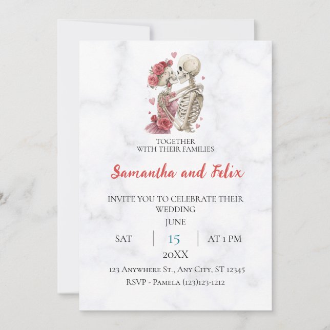 Invitation Mariage de marbre avec rose rose squelette rose (Devant)