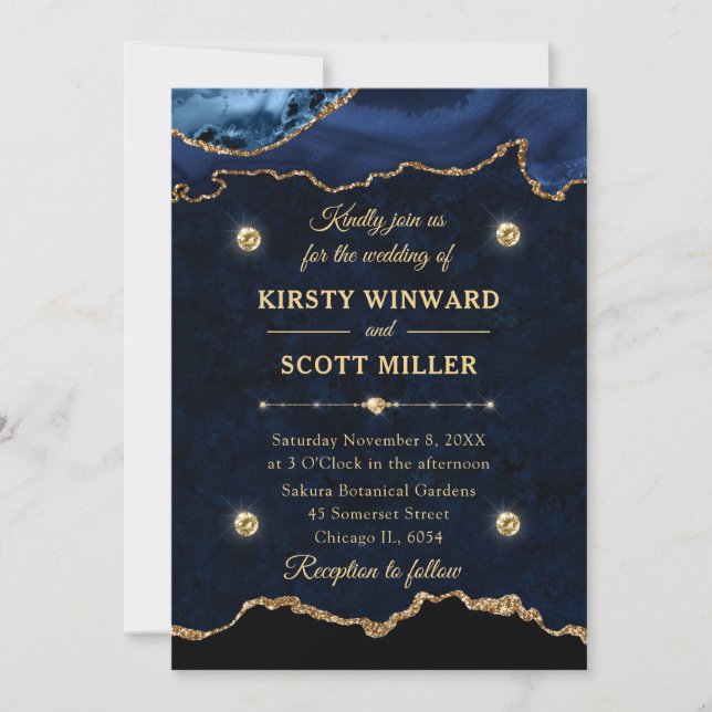 Invitation Mariage de marbre d'agate à paillettes bleu marine (Devant)